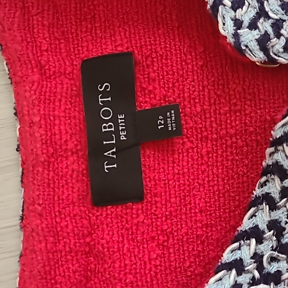 Talbots Tweed Jacket Tipped Red Blue Embroidered Trim 12 Petite preppy old money - Picture 2 of 8